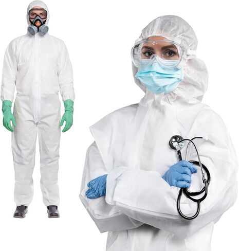 AMZ Medical Supply Disposable Coverall with Hood, X-Large White, 60 GSM SMS Fabric, Elastic Wrists Ankles Back, Front Zipper with Storm Flap, Lightweight Work Coverall in Kuwait