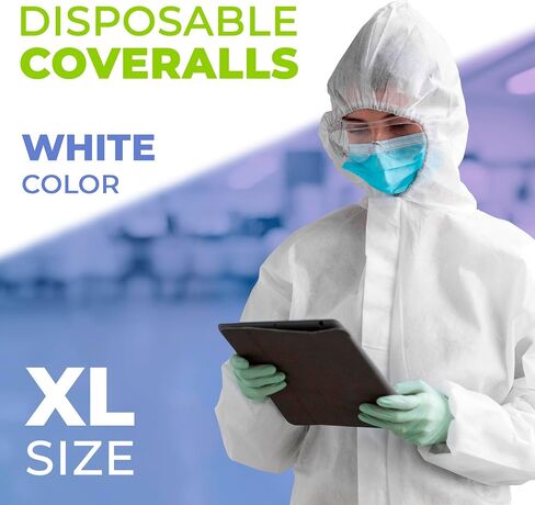 AMZ Medical Supply Disposable Coverall with Hood, X-Large White, 60 GSM SMS Fabric, Elastic Wrists Ankles Back, Front Zipper with Storm Flap, Lightweight Work Coverall in Kuwait