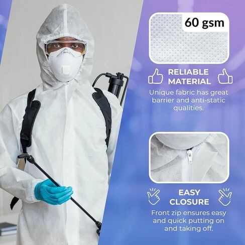 AMZ Medical Supply Disposable Coverall with Hood, X-Large White, 60 GSM SMS Fabric, Elastic Wrists Ankles Back, Front Zipper with Storm Flap, Lightweight Work Coverall in Kuwait