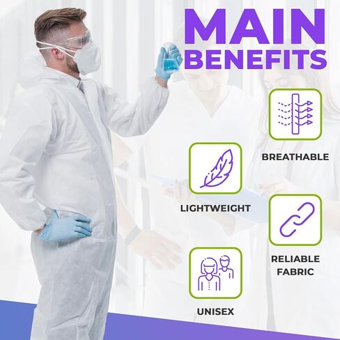 AMZ Medical Supply Disposable Coverall with Hood, X-Large White, 60 GSM SMS Fabric, Elastic Wrists Ankles Back, Front Zipper with Storm Flap, Lightweight Work Coverall in Kuwait