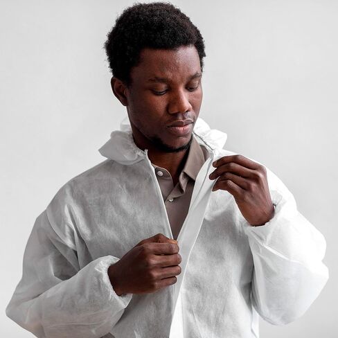AMZ Medical Supply Disposable Coverall with Hood, X-Large White, 60 GSM SMS Fabric, Elastic Wrists Ankles Back, Front Zipper with Storm Flap, Lightweight Work Coverall in Kuwait