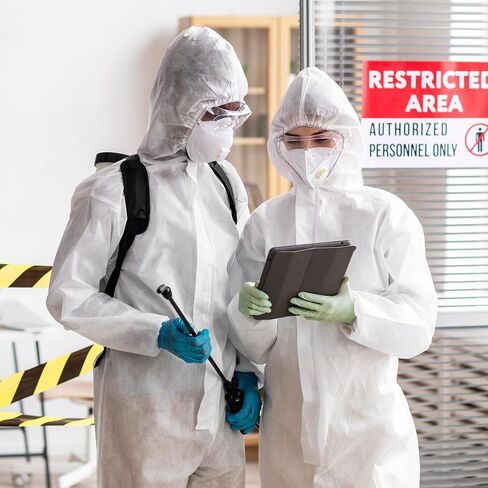 AMZ Medical Supply Disposable Coverall with Hood, X-Large White, 60 GSM SMS Fabric, Elastic Wrists Ankles Back, Front Zipper with Storm Flap, Lightweight Work Coverall in Kuwait