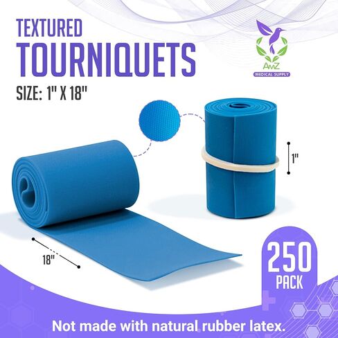 AMZ Medical Supply Disposable Tourniquets, Blue 1 x 18 Inch, Pack of 250, Textured Slip-Resistant Surface, Pre-Cut Rolled Banded, Latex-Free Polyisoprene for Lab and General Use in Kuwait