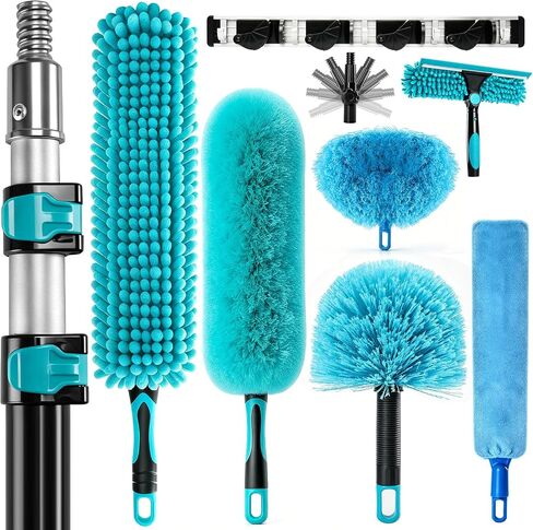 FIDISP 20FT High Ceiling Duster Kit, 4.5–12ft Heavy Duty Extension Pole, 9PCS with Hooks, Telescoping Duster, Fan Cleaner & Web Brush, Commercial/Home Use for Windows, Fans, Ceilings & Outdoor in Kuwait