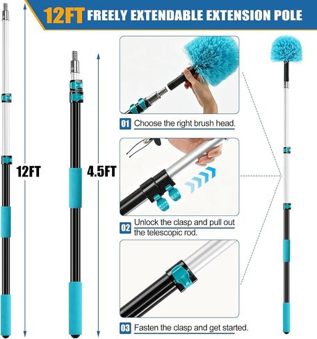 FIDISP 20FT High Ceiling Duster Kit, 4.5–12ft Heavy Duty Extension Pole, 9PCS with Hooks, Telescoping Duster, Fan Cleaner & Web Brush, Commercial/Home Use for Windows, Fans, Ceilings & Outdoor in Kuwait