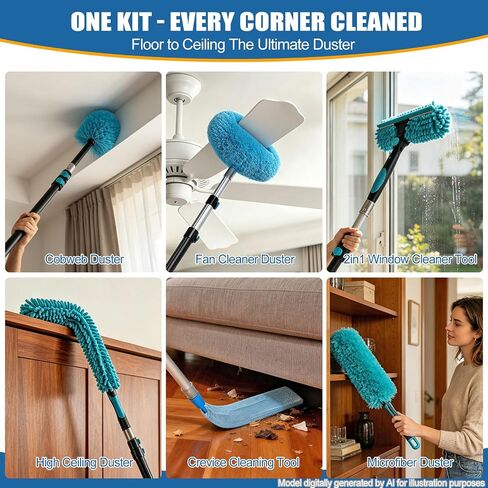 FIDISP 20FT High Ceiling Duster Kit, 4.5–12ft Heavy Duty Extension Pole, 9PCS with Hooks, Telescoping Duster, Fan Cleaner & Web Brush, Commercial/Home Use for Windows, Fans, Ceilings & Outdoor in Kuwait