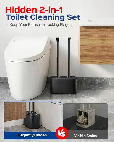 HAMITOR Toilet Brush and Plunger Set: 2-in-1 Hidden Toilet Bowl Brush and Holder with 22'' Long Handles, Updated 2026 No-Rust Stainless Steel Design, Modern Bathroom Toilet Accessories, Black, 1-Pack in Kuwait