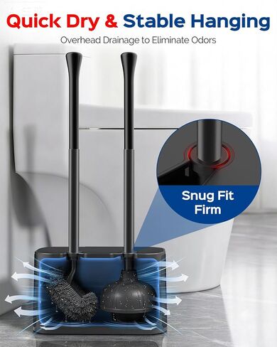 HAMITOR Toilet Brush and Plunger Set: 2-in-1 Hidden Toilet Bowl Brush and Holder with 22'' Long Handles, Updated 2026 No-Rust Stainless Steel Design, Modern Bathroom Toilet Accessories, Black, 1-Pack in Kuwait