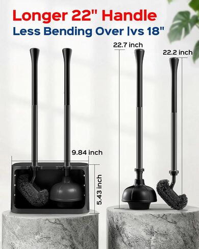HAMITOR Toilet Brush and Plunger Set: 2-in-1 Hidden Toilet Bowl Brush and Holder with 22'' Long Handles, Updated 2026 No-Rust Stainless Steel Design, Modern Bathroom Toilet Accessories, Black, 1-Pack in Kuwait