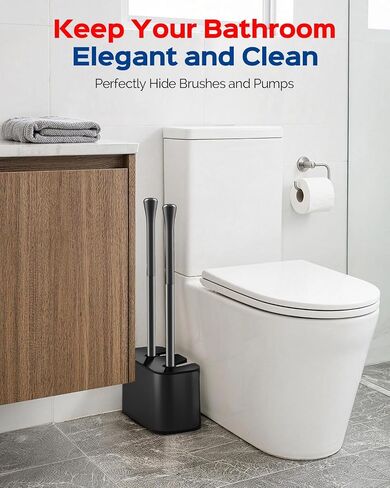 HAMITOR Toilet Brush and Plunger Set: 2-in-1 Hidden Toilet Bowl Brush and Holder with 22'' Long Handles, Updated 2026 No-Rust Stainless Steel Design, Modern Bathroom Toilet Accessories, Black, 1-Pack in Kuwait