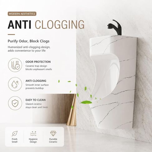 مبولة سيراميك مثبتة على الحائط للرجال مع حوض غسيل يدوي وصنبور، حمام موفر للمساحة 2 في 1، تركيبات مقاومة للرذاذ للاستخدام المنزلي والفندقي والتجاري (أبيض + ذهبي، صنبور أسود) in Kuwait
