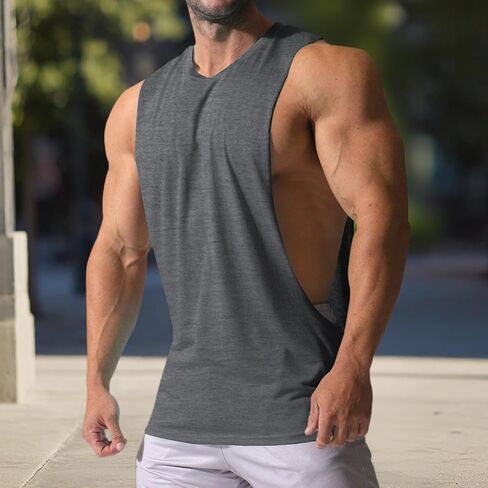Summer Mens Solid Color Cut Off Side Muscle Tank Top Wide Armhole Sleeveless Shirts Slim Fit Workout Gym Tops in Kuwait