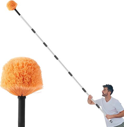 Cobweb Duster with Extension Pole - 9 FT Lightweight Stainless Steel Adjustment Duster Ceiling Fan Duster for High Ceilings, Medium Stiff PET Bristle Spider Web Brush for Indoor/Outdoor Cleaning in Kuwait