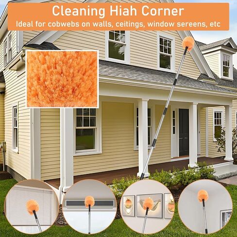 Cobweb Duster with Extension Pole - 9 FT Lightweight Stainless Steel Adjustment Duster Ceiling Fan Duster for High Ceilings, Medium Stiff PET Bristle Spider Web Brush for Indoor/Outdoor Cleaning in Kuwait