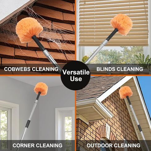 Cobweb Duster with Extension Pole - 9 FT Lightweight Stainless Steel Adjustment Duster Ceiling Fan Duster for High Ceilings, Medium Stiff PET Bristle Spider Web Brush for Indoor/Outdoor Cleaning in Kuwait