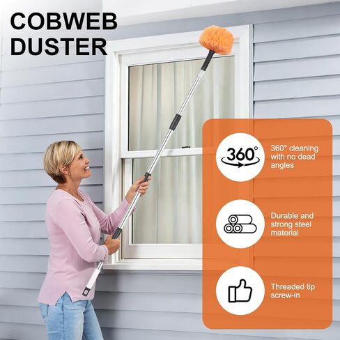 Cobweb Duster with Extension Pole - 9 FT Lightweight Stainless Steel Adjustment Duster Ceiling Fan Duster for High Ceilings, Medium Stiff PET Bristle Spider Web Brush for Indoor/Outdoor Cleaning in Kuwait