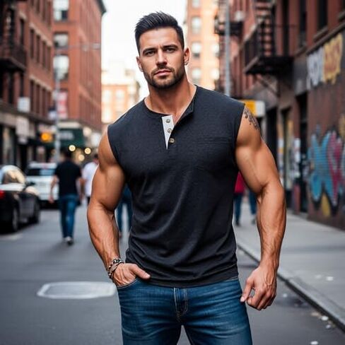 Men Henley Sleeveless Tank Tops Athletic Workout Shirts in Kuwait