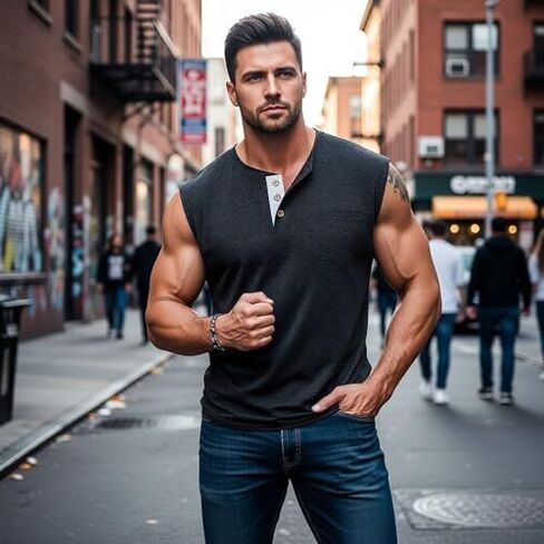 Men Henley Sleeveless Tank Tops Athletic Workout Shirts in Kuwait