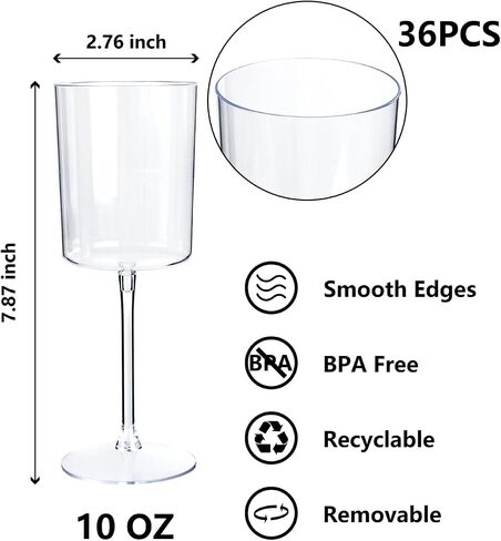 YOUBET 36 Pack Clear Plastic Wine Glasses - 10 OZ Disposable Square Wine Glasses with Stem for Wedding & Party & Anniversary in Kuwait