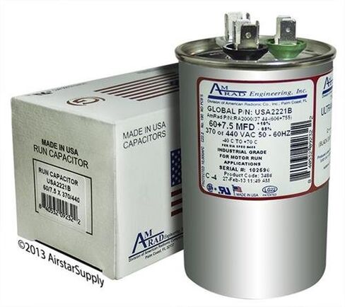 Round Dual Run Capacitor Replaces GE / Genteq 97F9898 - 60 + 7.5 uf 370 / 440 Volt Volt VAC Made in the U.S.A. in Kuwait