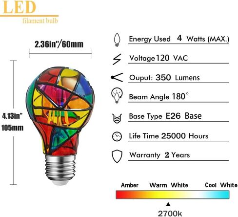 لمبة إضاءة LED من الزجاج الملون A19/A60 بقدرة 4 وات E26 قاعدة ملونة ملونة ومتعددة الألوان مرسومة يدويًا لتزيين حفلات عيد الميلاد المنزلية، قابلة للتعتيم - عبوة واحدة in Kuwait