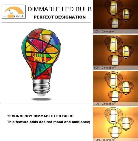 لمبة إضاءة LED من الزجاج الملون A19/A60 بقدرة 4 وات E26 قاعدة ملونة ملونة ومتعددة الألوان مرسومة يدويًا لتزيين حفلات عيد الميلاد المنزلية، قابلة للتعتيم - عبوة واحدة in Kuwait