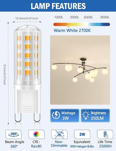 لمبة G9 LED بيضاء دافئة، 3 وات، 350 لومن، 2700 ك، أي ما يعادل 30-40 وات هالوجين، بدون وميض، غير قابلة للتعتيم، زاوية شعاع 360 درجة، تيار متردد 100-120 فولت، قاعدة سيراميك ثنائية الدبوس G9 مصابيح إضاءة LED للإضاءة المنزلية - 6 قطع in Kuwait