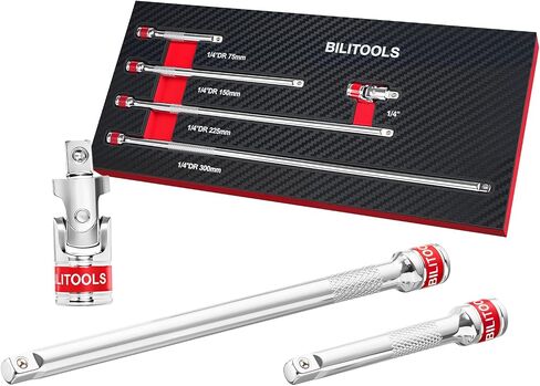 BILITOOLS مجموعة تمديد المقبس 5 قطع، محرك 1/4، مفصل عالمي، 3-12 بوصة | فولاذ Cr-V، لمسة نهائية مرآة، مقاوم للصدأ. قبضة مضادة للانزلاق لعزم الدوران العالي. وصلة U إلى زوايا ضيقة. صينية إسفنجية EVA in Kuwait