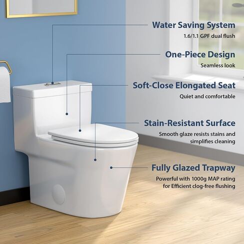 مراحيض Lordear قطعة واحدة للحمامات - 1.24/1.43 GPF Standard Dual Flush، 17 بوصة ADA مراحيض ارتفاع مريحة - وعاء ممدود، 12 بوصة خشنة، تصميم حديث مزخرف، أبيض in Kuwait