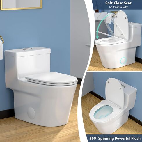 مراحيض Lordear قطعة واحدة للحمامات - 1.24/1.43 GPF Standard Dual Flush، 17 بوصة ADA مراحيض ارتفاع مريحة - وعاء ممدود، 12 بوصة خشنة، تصميم حديث مزخرف، أبيض in Kuwait