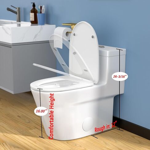 مراحيض Lordear قطعة واحدة للحمامات - 1.24/1.43 GPF Standard Dual Flush، 17 بوصة ADA مراحيض ارتفاع مريحة - وعاء ممدود، 12 بوصة خشنة، تصميم حديث مزخرف، أبيض in Kuwait