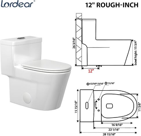 مراحيض Lordear قطعة واحدة للحمامات - 1.24/1.43 GPF Standard Dual Flush، 17 بوصة ADA مراحيض ارتفاع مريحة - وعاء ممدود، 12 بوصة خشنة، تصميم حديث مزخرف، أبيض in Kuwait