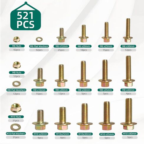 521PCS M6 M8 M10 Flange Bolts Assortment Kit - 8.8 Grade Alloy Steel,Bolt Assortment for Industrial & Construction Use​ in Kuwait