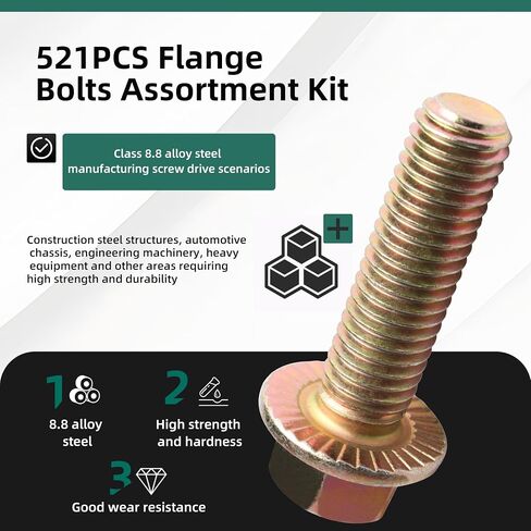 521PCS M6 M8 M10 Flange Bolts Assortment Kit - 8.8 Grade Alloy Steel,Bolt Assortment for Industrial & Construction Use​ in Kuwait