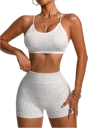 GORGLITTER Women's Leopard Workout Set Athletic Outfits Criss Cross Backless Sports Bra Biker Shorts Gym Yoga Tracksuits in Kuwait