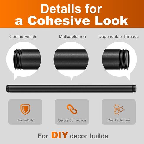 تجهيزات الأنابيب، DIY الصناعية الشرير، أسود، 1 × 16، 2 حزمة | مقاوم للصدأ، لدرابزين كرسي رفوف المنزل in Kuwait