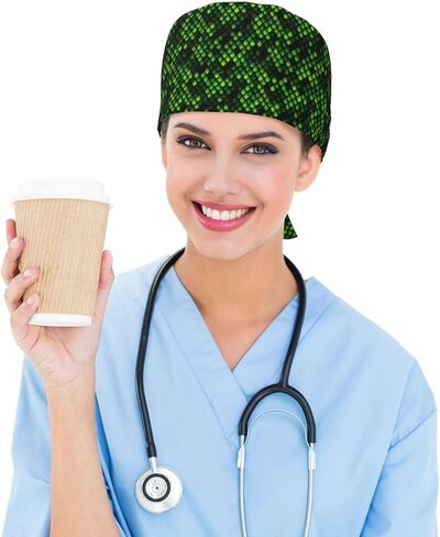 Bright Green Snake Skin Print Scrub Caps Women Men, Nurse Cap Surgical Caps Scrub Hats for Women Men, Adjustable Working Cap with Sweatband in Kuwait