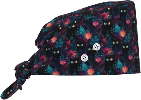 Funny Black Cat Floral Print Scrub Caps Women Men, Adjustable Nurse Cap Surgical Caps Scrub Hats for Women Men, Working Cap with Buttons for Hanging Face Masks in Kuwait