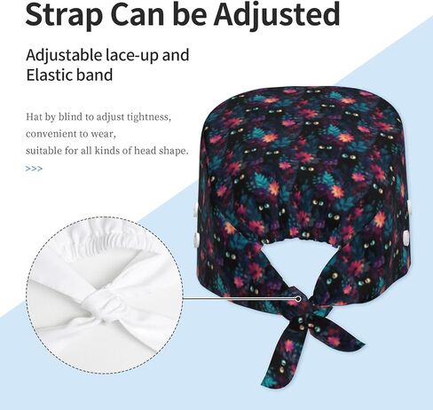 Funny Black Cat Floral Print Scrub Caps Women Men, Adjustable Nurse Cap Surgical Caps Scrub Hats for Women Men, Working Cap with Buttons for Hanging Face Masks in Kuwait
