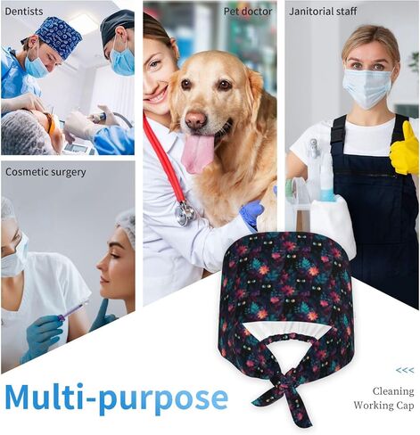 Funny Black Cat Floral Print Scrub Caps Women Men, Adjustable Nurse Cap Surgical Caps Scrub Hats for Women Men, Working Cap with Buttons for Hanging Face Masks in Kuwait