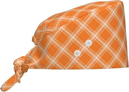 Orange Check Print Scrub Caps Women Men, Adjustable Nurse Cap Surgical Caps Scrub Hats for Women Men, Working Cap with Buttons for Hanging Face Masks in Kuwait