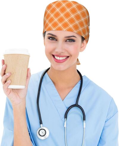 Orange Check Print Scrub Caps Women Men, Adjustable Nurse Cap Surgical Caps Scrub Hats for Women Men, Working Cap with Buttons for Hanging Face Masks in Kuwait
