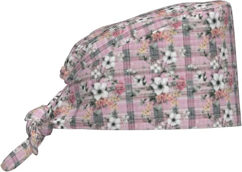 Pink Plaid White Flower Print Scrub Caps Women Men, Nurse Cap Surgical Caps Scrub Hats for Women Men, Adjustable Working Cap with Sweatband in Kuwait