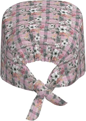 Pink Plaid White Flower Print Scrub Caps Women Men, Nurse Cap Surgical Caps Scrub Hats for Women Men, Adjustable Working Cap with Sweatband in Kuwait
