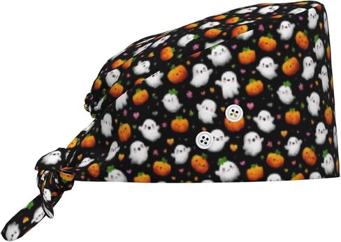 Cute Ghost Pumpkin Love Print Scrub Caps Women Men, Adjustable Nurse Cap Surgical Caps Scrub Hats for Women Men, Working Cap with Buttons for Hanging Face Masks Black in Kuwait