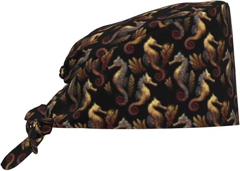 Retro Gold Seahorse Print Scrub Caps Women Men, Nurse Cap Surgical Caps Scrub Hats for Women Men, Adjustable Working Cap with Sweatband in Kuwait