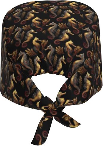 Retro Gold Seahorse Print Scrub Caps Women Men, Nurse Cap Surgical Caps Scrub Hats for Women Men, Adjustable Working Cap with Sweatband in Kuwait