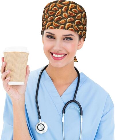 الزلابية المقلية الواقعية قبعات فرك مطبوعة للنساء والرجال، قبعة ممرضة قبعات جراحية قبعات فرك للنساء والرجال، قبعة عمل قابلة للتعديل مع عصابة رأس سوداء in Kuwait
