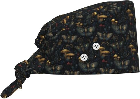 Retro Butterfly Mushroom Print Scrub Caps Women Men, Adjustable Nurse Cap Surgical Caps Scrub Hats for Women Men, Working Cap with Buttons for Hanging Face Masks Black in Kuwait