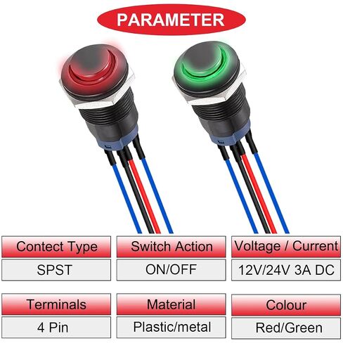 2 قطعة 12 مم زر ضغط LED أحمر/أخضر، غلاف معدني أسود IP65 مقاوم للماء 12 فولت 24 فولت 3A تيار مستمر SPST 2 وضعية القفل الذاتي على مفتاح إيقاف التشغيل مع أسلاك سلكية مسبقًا وغطاء أسلاك لقارب السيارة in Kuwait